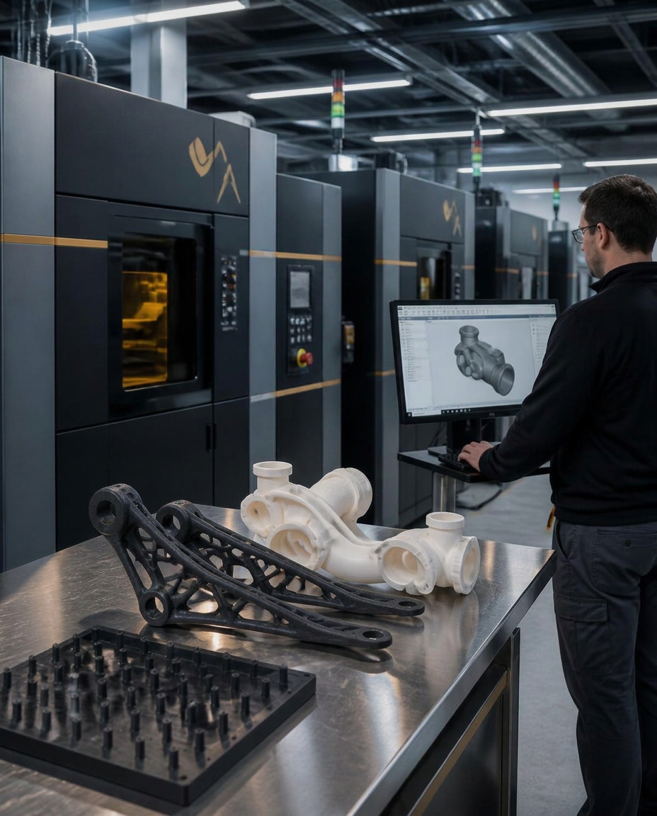 Industrial polymer 3D printers and finished precision parts inside the Enabletek 3D facility