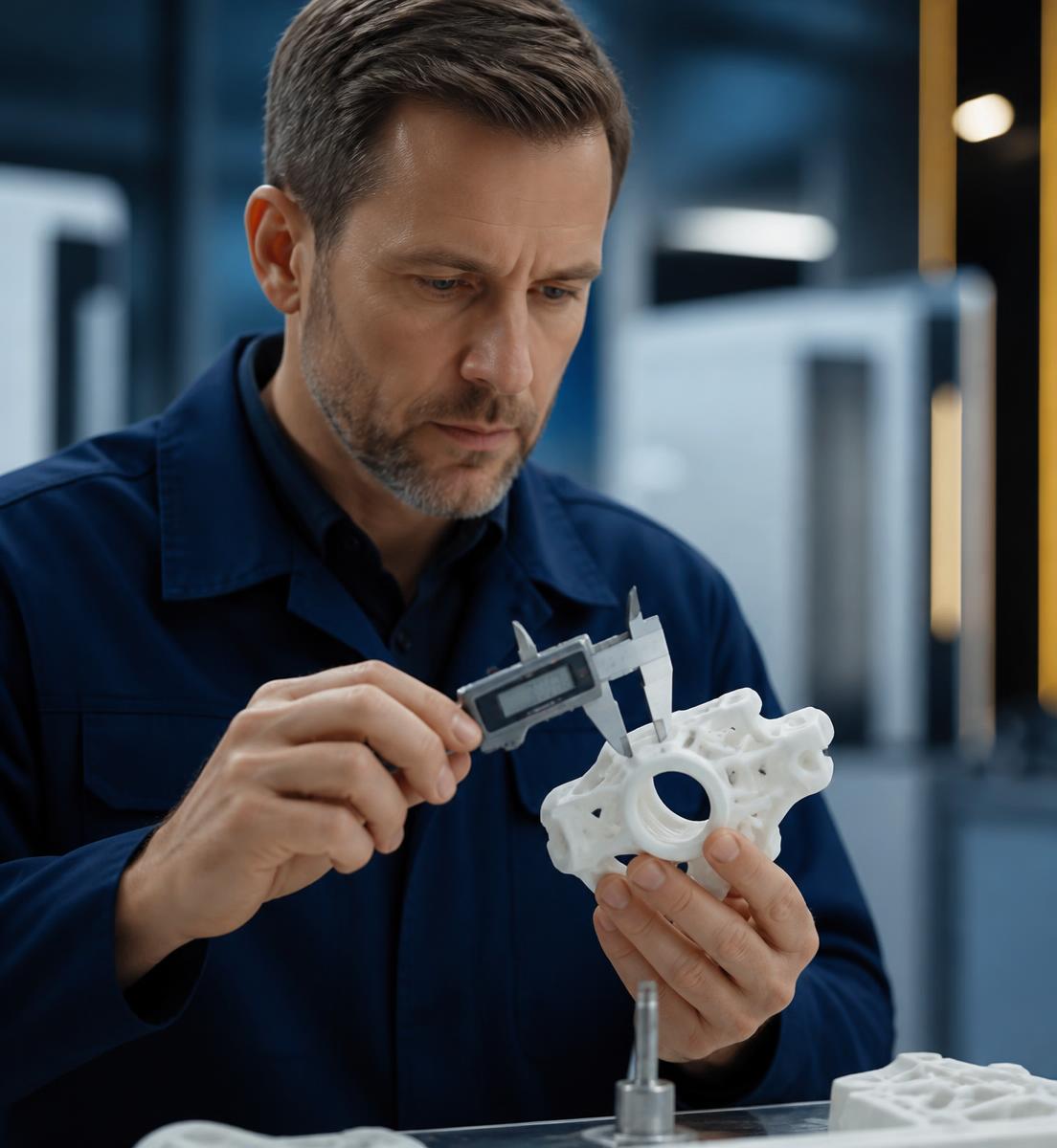 Engineer measuring a precision 3D printed polymer component with digital calipers