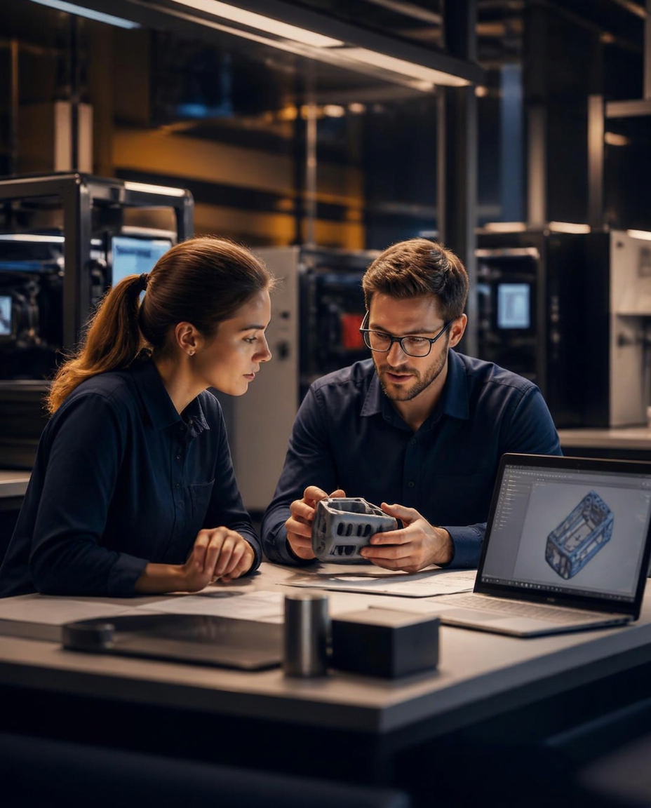 Two engineers reviewing a 3D printed prototype and CAD model in an additive manufacturing workshop