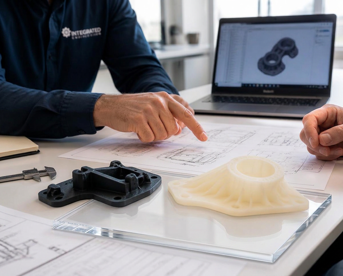 Consultant reviewing technical drawings with 3D printed parts and engineering material samples