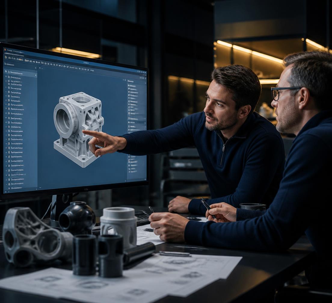 Engineers reviewing a CAD model of a mechanical component alongside 3D printed prototypes