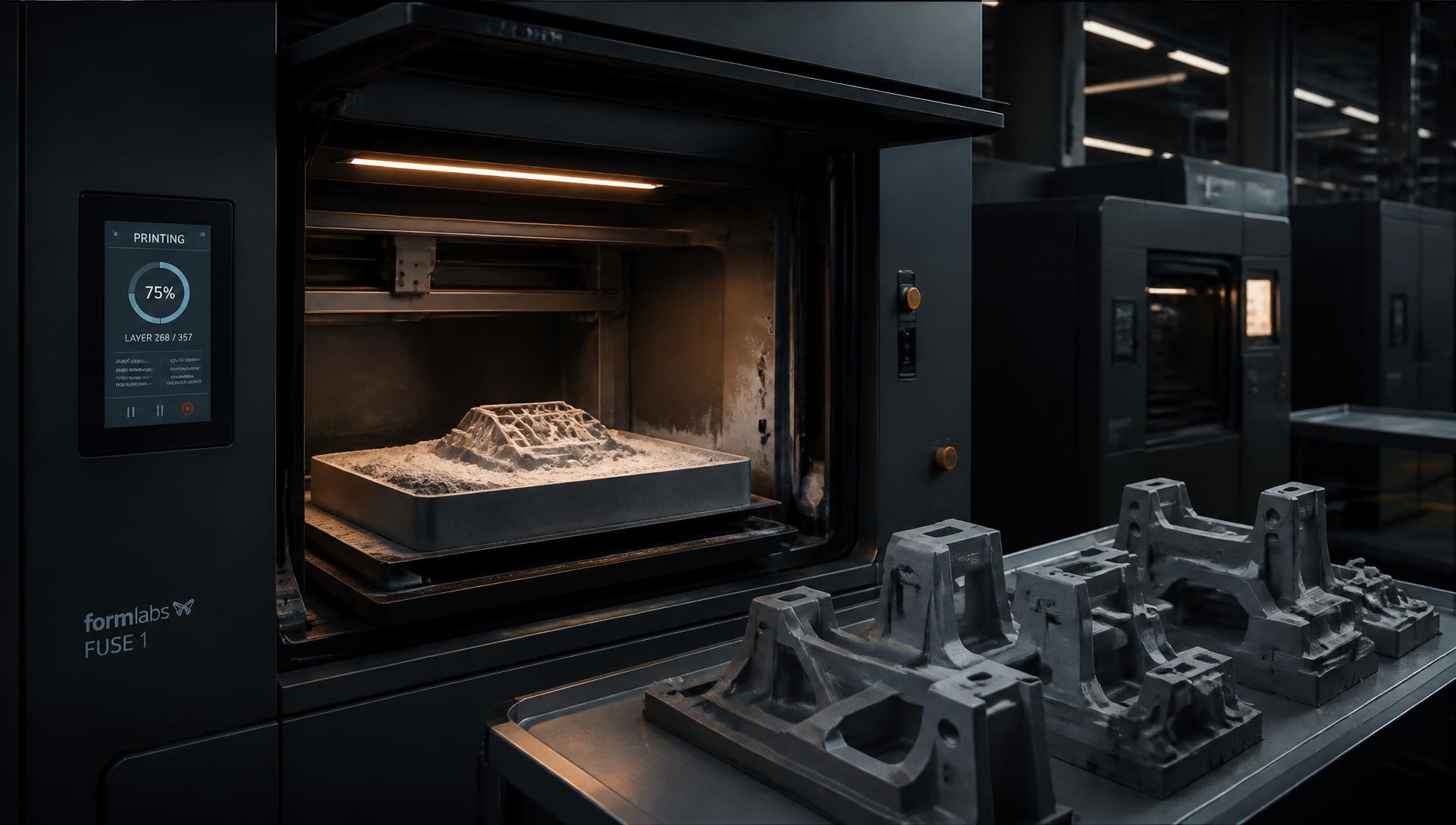 Engineer inspecting a precision 3D printed component beside industrial additive manufacturing equipment