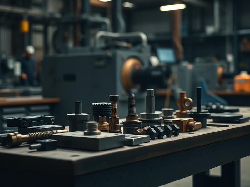 Industrial jigs, fixtures and tooling parts on a factory workbench