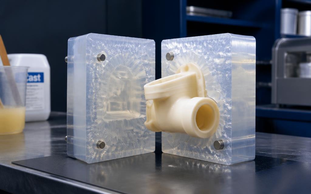 Silicone vacuum casting mould opened to reveal a cast polyurethane part