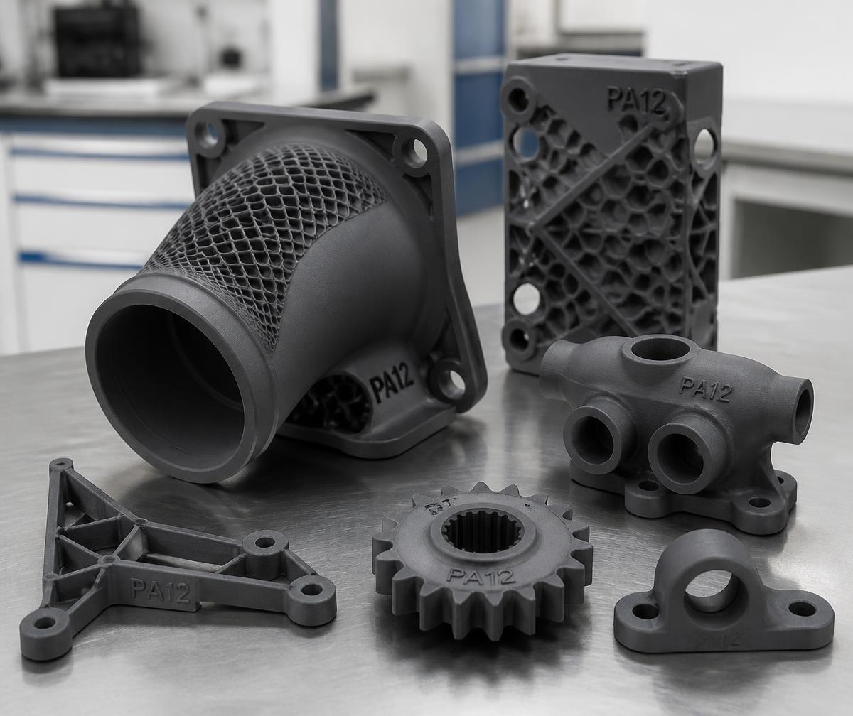 Additively manufactured nylon PA12 engineering components on a workbench