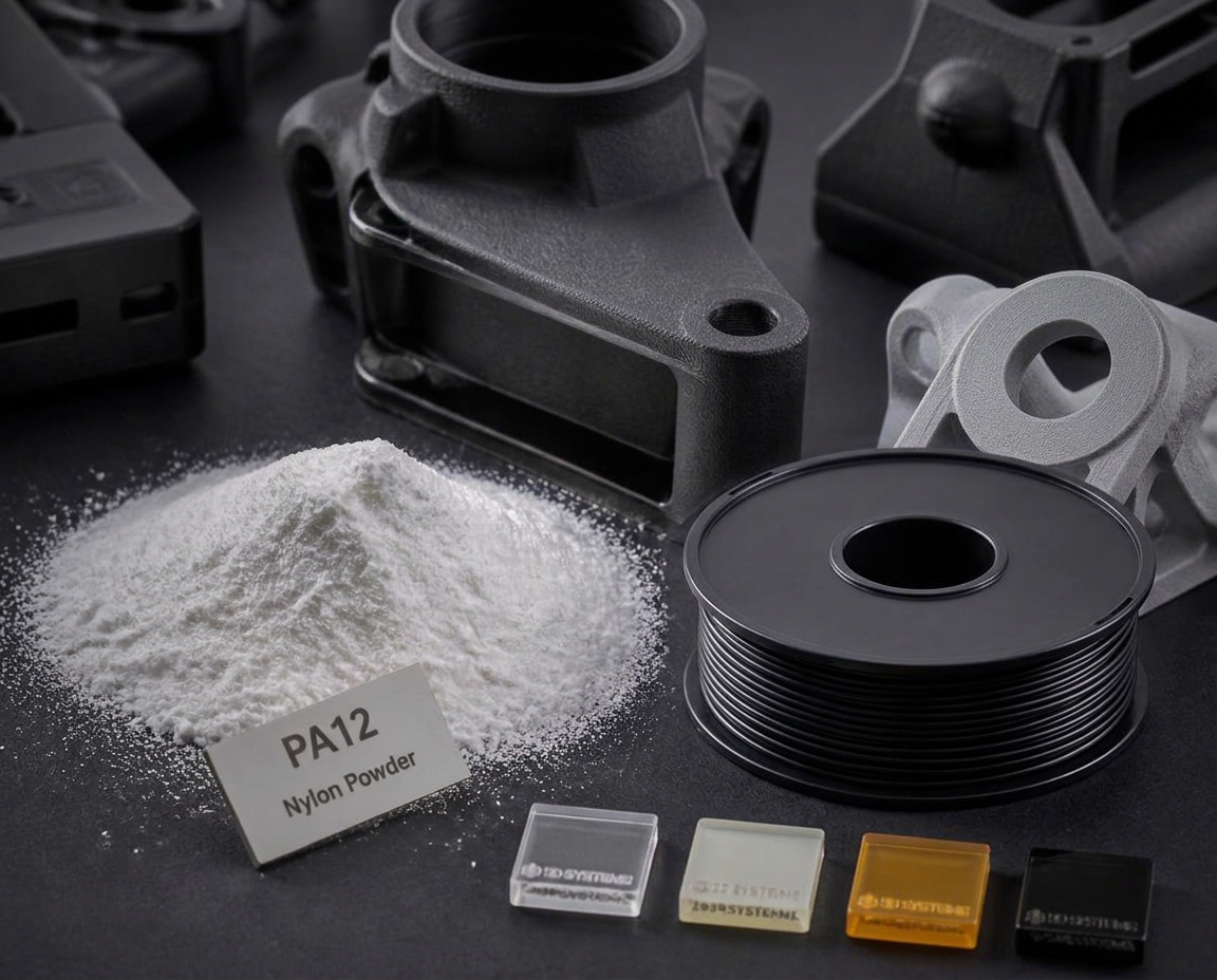 Close-up of nylon PA12 powder, resin sample chips and finished 3D printed engineering parts