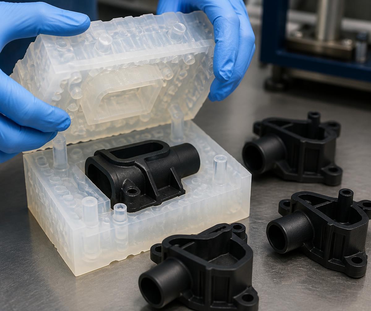 Silicone mould opened by gloved hands revealing cast polyurethane prototype parts